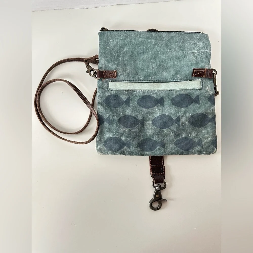 Mona B Upcycled Canvas Leather Strap Crossbody Bag Fish Print Boho  Clutch Purse - Picture 4 of 7